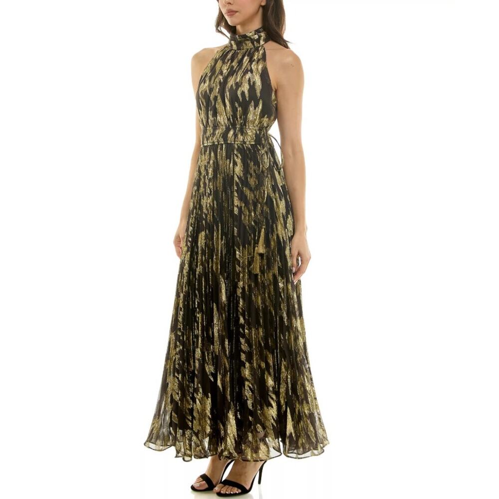 Taylor Women Black/Lurex Gold Sunburst Pleated Mock Neck Maxi Dress Size 4 - Picture 3 of 5